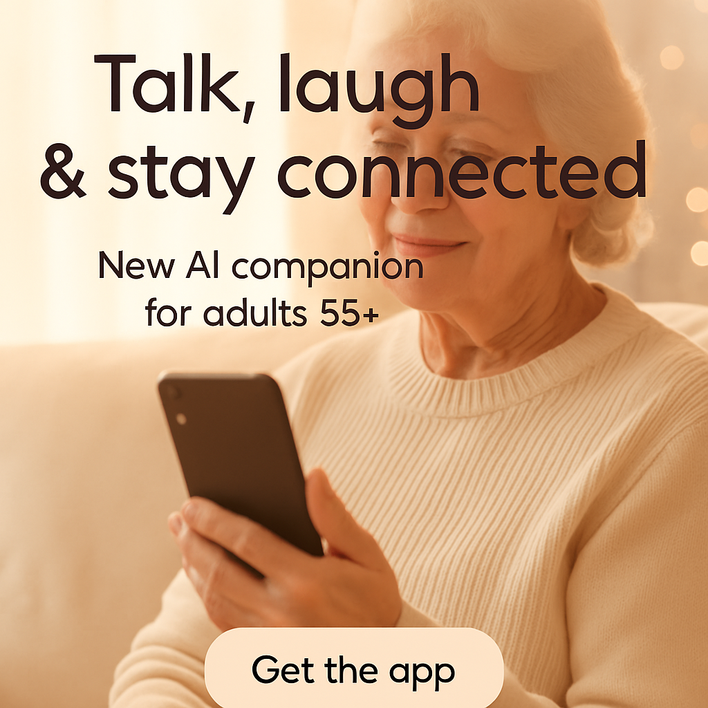 Older adult smiling while holding a phone with SoloMate app
